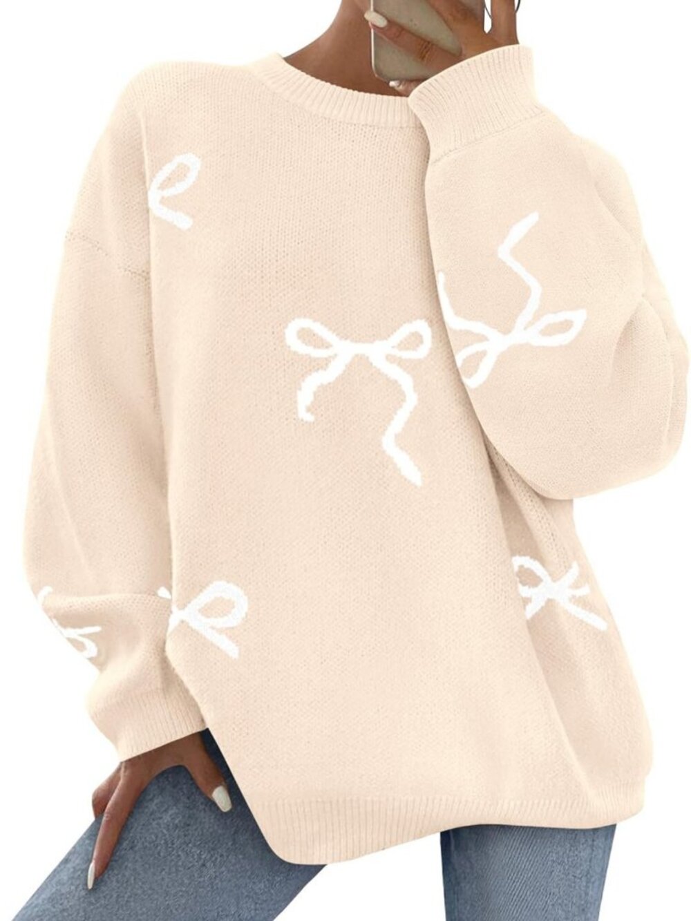 Cute Bow Oversized Sweater for Women | Long Sleeve Cozy Knit Top